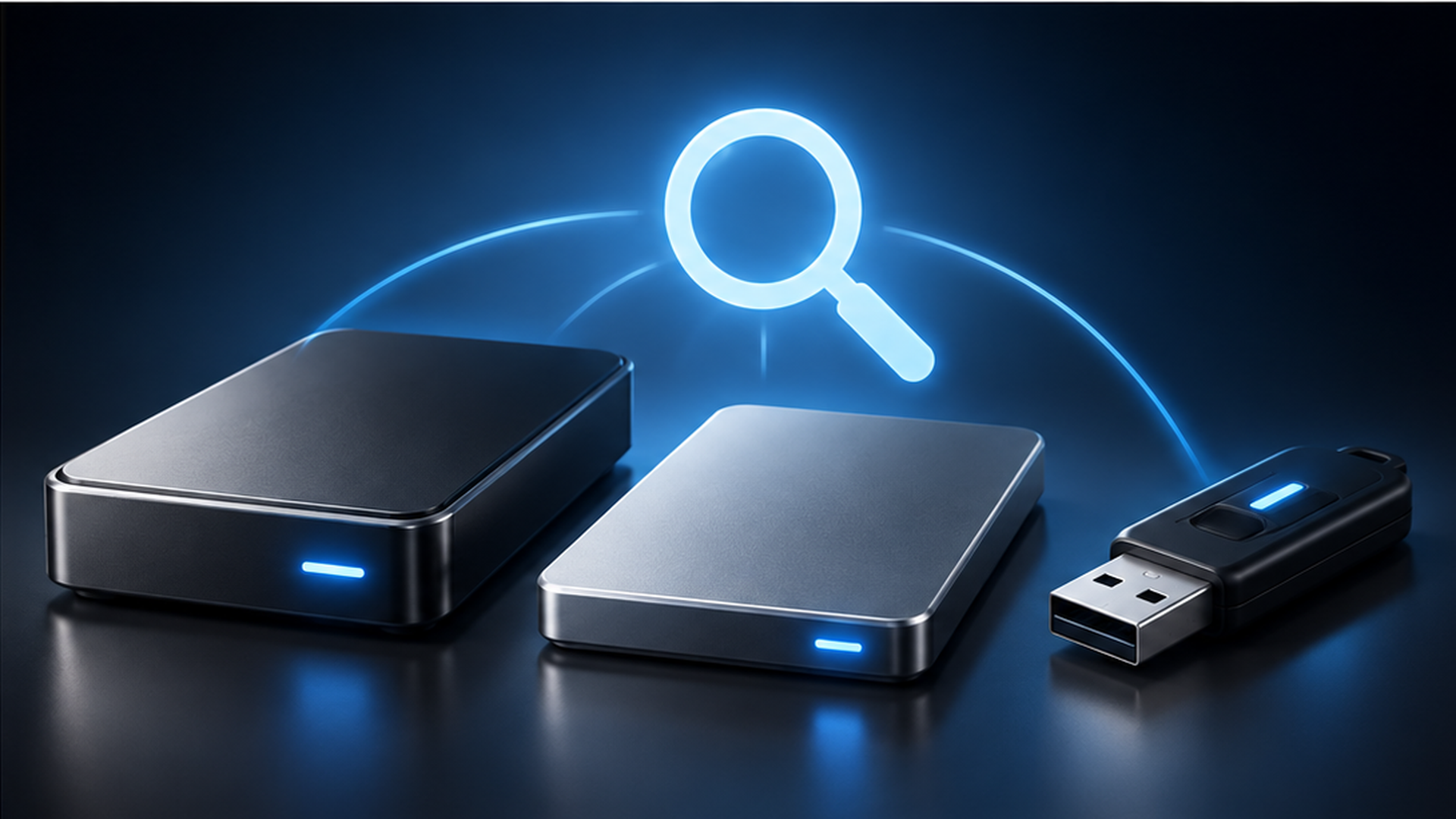 External hard drives and a USB drive beneath a glowing search symbol